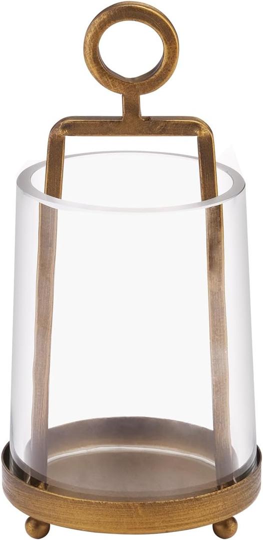 3.3" Wide Modern Farmhouse Metal Hurricane Candle Holder with Handmade Sturdy Glass Sleeve in Antique Brass for Pillar Candle & Plants, Glass Hurricane Lantern, Industrial, Minimalistic