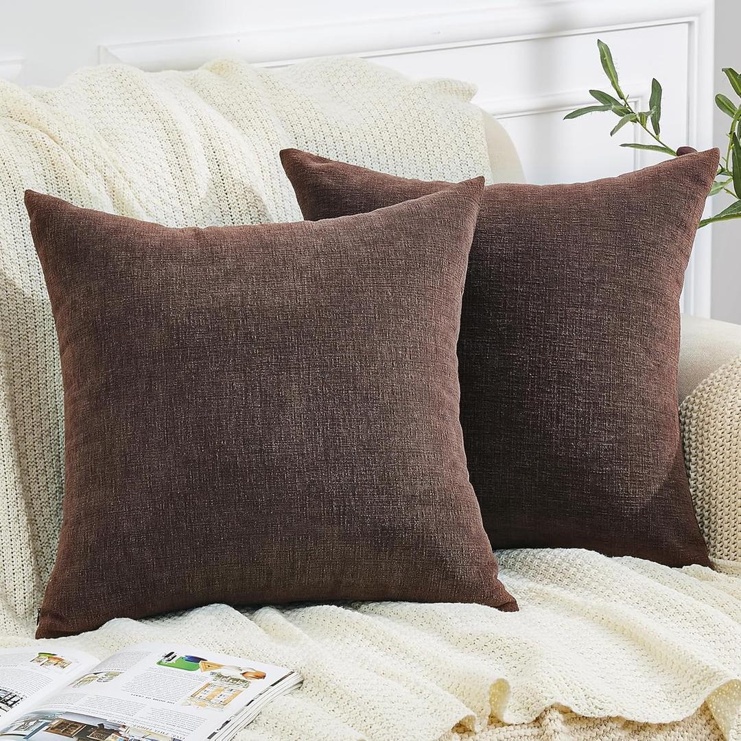 GAWAMAY Decorative Chenille Throw Pillow Covers 24x24 Inch Pack of 2, Soft Square Couch Pillow Cover for Sofa Cushion Living Room Bedroom Solid Dyed Pillowcases Coffee 60x60cm (ONLY Covers)
