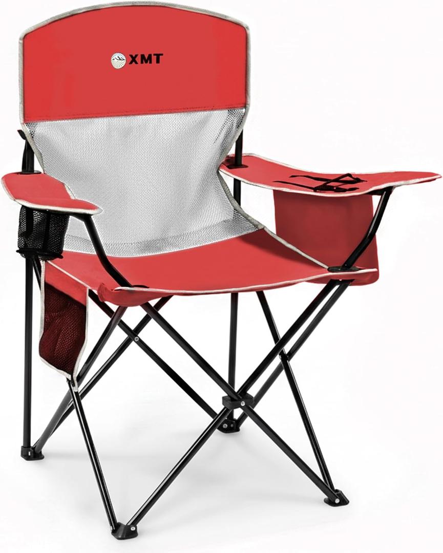 Portable Outdoor Folding Chair with Cup Holder & Cooler Bag - Breathable Mesh, Wide Armrests, Ergonomic Design for Camping, Beach, Backyard - Includes Storage Bag & Bottle Opener (Black/Green/Red)