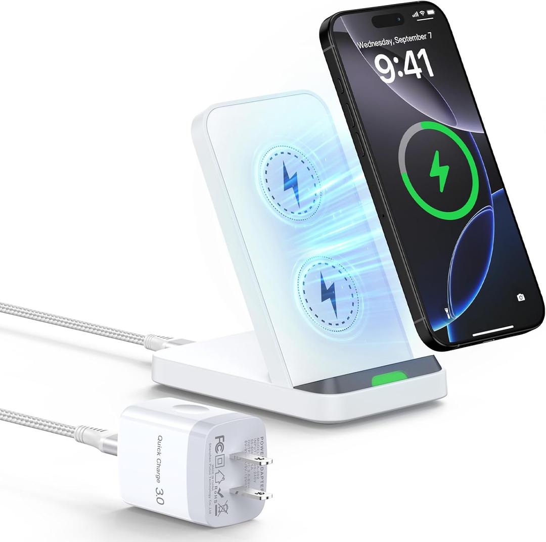 Fast Wireless Charging Station for Google Pixel 10/9a/9/9 Pro/9 Pro XL/Fold/8 Pro/8a/8/7 Pro, Android Phone Wireless Charger Stand Desk with QC3.0 Adapter for Samsung Galaxy S25/S24 Ultra iPhone 17 16 (white)