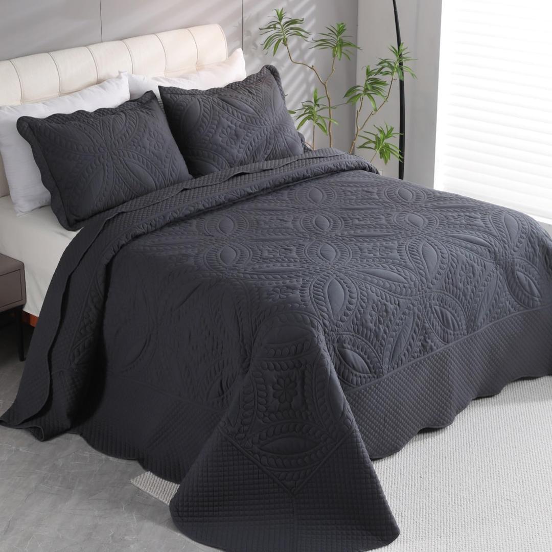 Cmfshape King Bedspread 106"x96",3 Piece King Quilt with 2 Shams,Lightweight Grey Quilt Set for All Season,Modern Coin Pattern Bedding Set