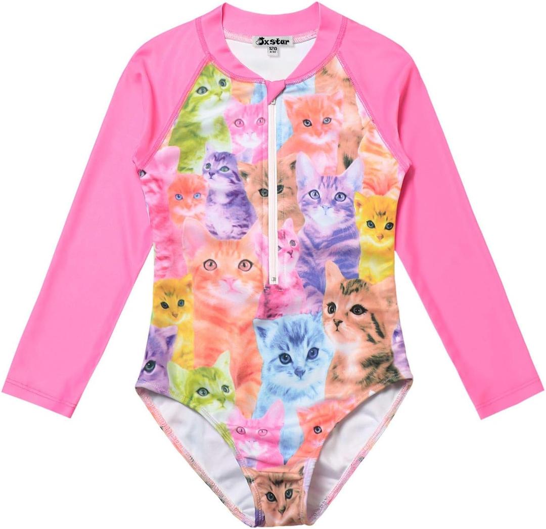 Jxstar Girls Rash Guard One Piece Mermaid/Unicorn Swimsuit Swimwear UPF 50+ UV (10-11 Years, Cat)