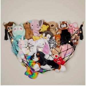 Stuffed Animal Storage Macrame Hammock w/String Lights for Flat Walls, Large - Boho Room Decor Toy Storage - Hanging Plushie Stuffed Animal Net Organizer (Black)