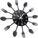 Timelike Kitchen Wall Clock, 3D Removable Modern Creative Cutlery Kitchen Spoon Fork Wall Clock Mirror Wall Decal Wall Sticker Room Home Decoration (Black)