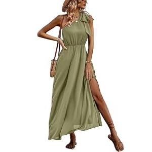 IFFEI Summer Dresses for Women 2024 Boho One Shoulder Maxi Dress Casual Sleeveless Flowy Split Beach Long Dress Light Olive, Small