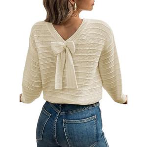 EVALESS Sweaters for Women Long Sleeve Fall Outfits 2025 Back Bow Knot Sweaters Round Neck Solid Knit Pullover Tops, S