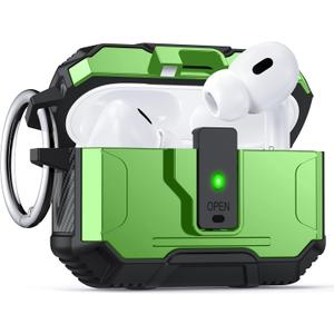 2 x for AirPods Pro 2 Case Cover[Safety Lock][Magnetic One-Click Open][Military Shockproof Armor]Double Rugged Outdoor Wireless Charging Case for AirPods Pro 2nd Generation with Keychain,Grass Green