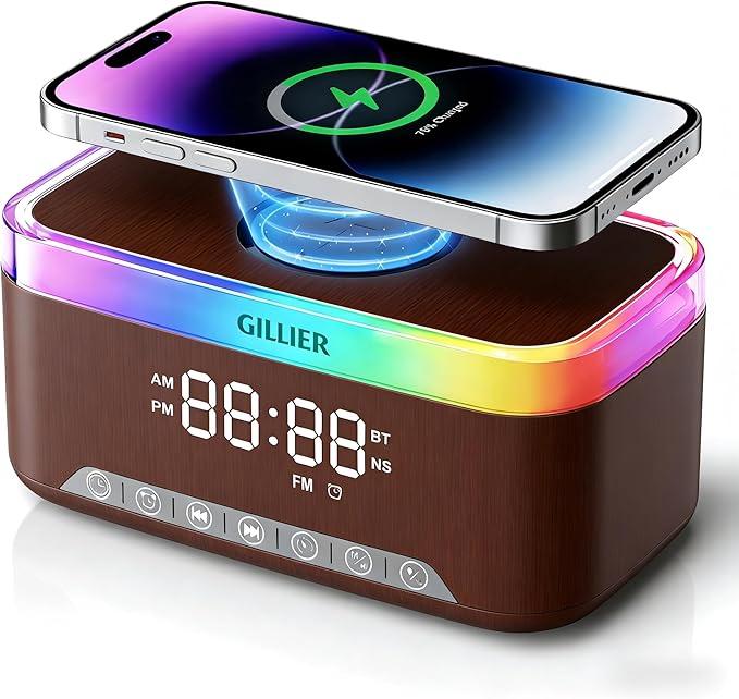 GILLIER Wireless Charging Alarm Clock Radio for Bedrooms – 15W Fast Wireless Charger Station for iPhone Samsung, Bluetooth Stereo Speaker with FM Radio, Dimmable Display, USB Port, Sleep Timer,Pink