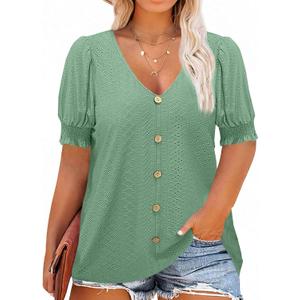 Beautife Womens Plus Size Tunic Tops V Neck Short Puff Sleeve Tops Casual Summer Eyelet Blouses