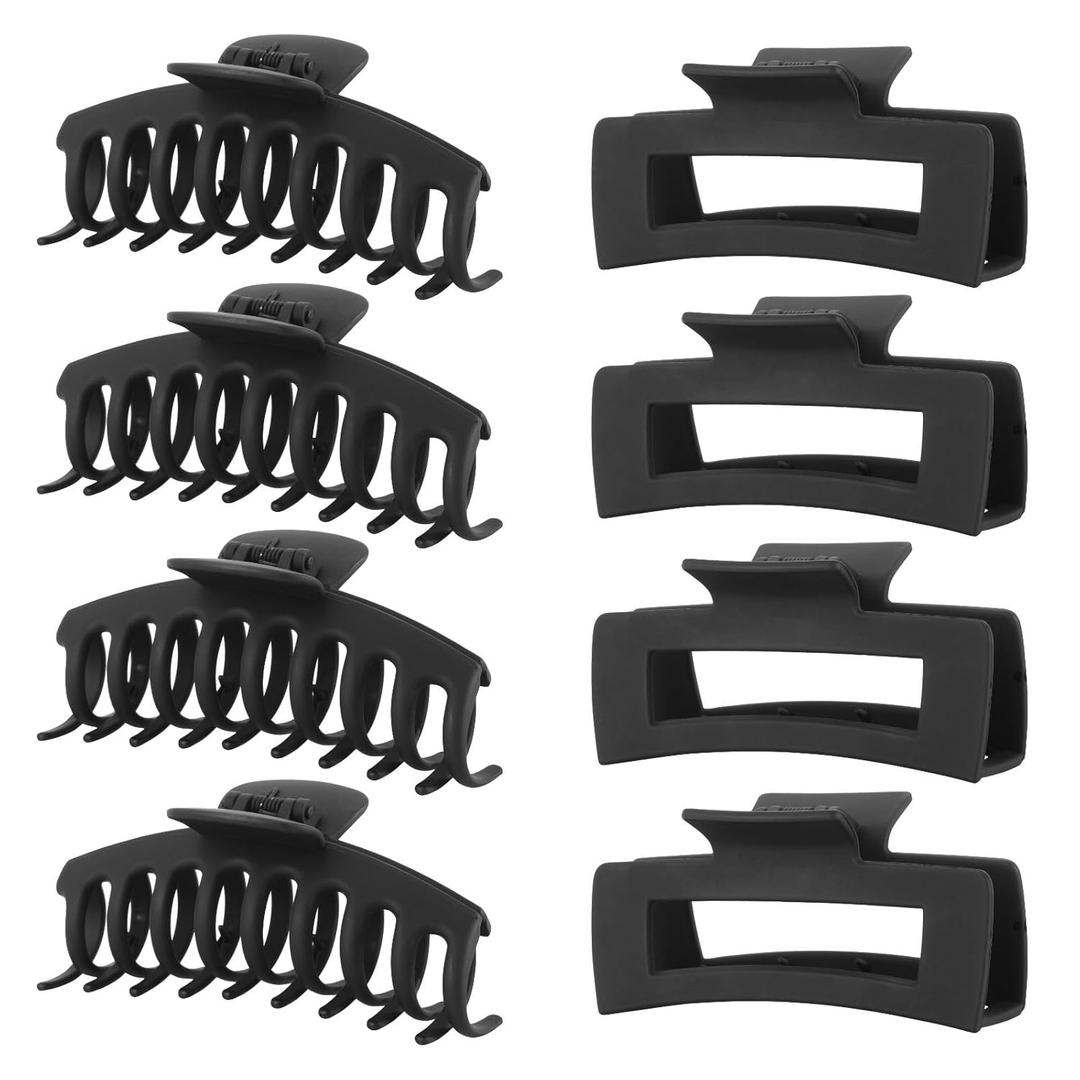 Black Hair Clips for Women -8 Pack 4.3 Inch Large Hair Claw Clips for Women Thin Thick Curly Hair, Big Matte Banana Clips,Strong Hold jaw clips (Black)