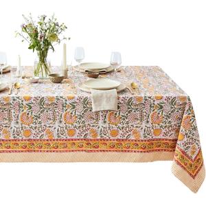 ATOSII Cotton Blockprint Rectangle Table Cloth, Clover Yellow, 120" X 72"