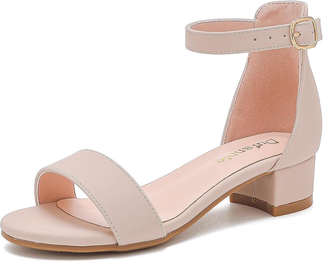 Dufannie Girls Sandals Low Heels Dress Pump Ankle Strap Open Toe Flower Girl Wedding Party for Toddler Little Big Kid (Single Nubuck Nude)