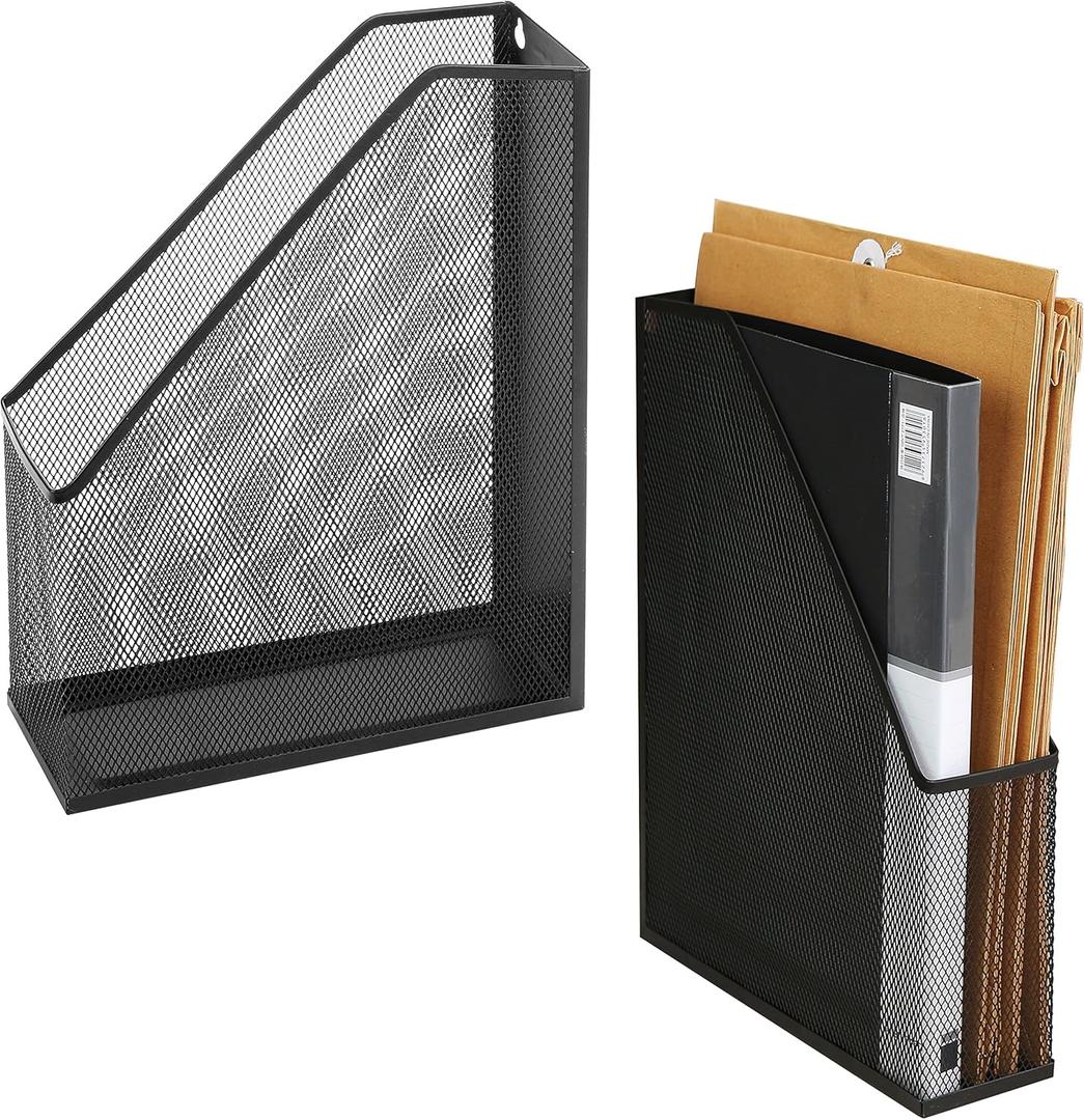 Wire Mesh Wall Mounted or Freestanding Document Rack, Magazine and File Holder, Set of 2, Black
