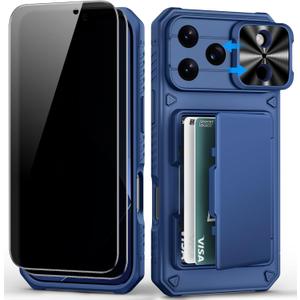 for iPhone 17 Pro Max Wallet Case2 Privacy Screen Protectors, Card Holder (4-5 Cards), Slide Camera Lens Cover, Military Drop, Rugged Heavy Duty Men Women Phone Case for iPhone 17Pro Max, Blue