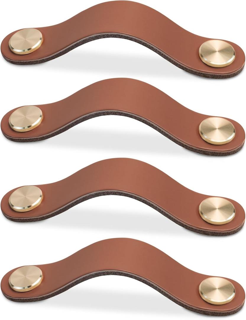Pack of 4 Leather Drawer Pulls Light Coffee Cabinet Handles 5 inch Dresser Knobs Cabinet Door Handle, Faux Leather Pulls for Dresser, Closet, Kitchen Cupboard (5in Hole Center, Light Coffee)