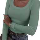 Roselux Womens Long Sleeve Scoop Neck Ribbed Knit Fitted Casual Tops Tee Slim Basic Shirts, Sage green, Small
