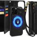 Harryshell for iPhone 15 Pro 6.1 inch Detachable Magnetic Case Wallet,Compatible with Magsafe Wireless Charging, [ RFID Blocking ] Card Slots, Cash Zipper Pocket Wrist Strap (Floral Black)