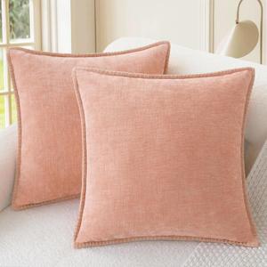 CaliTime Throw Pillow Covers Decorative 22 X 22 Inches Pack of 2 Cotton Thread Stitching Edges Solid Dyed Soft Chenille Cushion Cases for Couch Sofa Bed Living Room Farmhouse Dusty Pink
