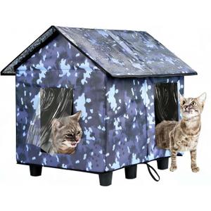 Elevated Insulated Outdoor Cat House Weatherproof - 20"x19"x17" Waterproof PVC Top & Aluminum Film Liner Camouflage Feral Cat Shelters for Keeping Cats Winter Warm, Gray
