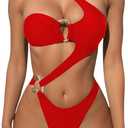 OYOANGLE Women's Ring Linked Cut Out One Shoulder One Piece Swimsuit High Cut Bathing Suits (Red), S