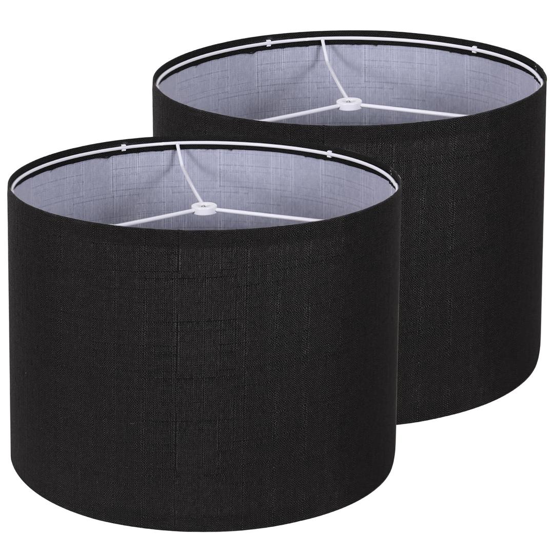 Drum Lampshade Set of 2, Lamp Shades for Table Lamps Floor Lamp, 13" Top X 13" Bottom X 10" High Black Large Line Fabric Lamp Shades, Easy Assembly Replacement Lampshades