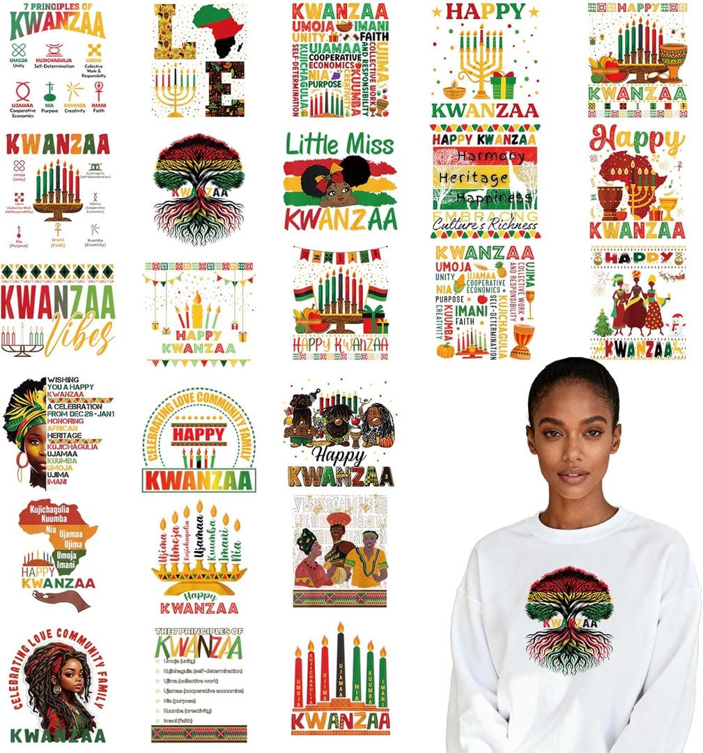 Dtf Transfers Ready to Press - 24 Pcs Kwanzaa Iron on Patches for T-Shirts, African Amercan Iron on Stickers Happy Kwanzaa Heat Transfer Vinyl Decals for DIY Fabric Clothes Decor