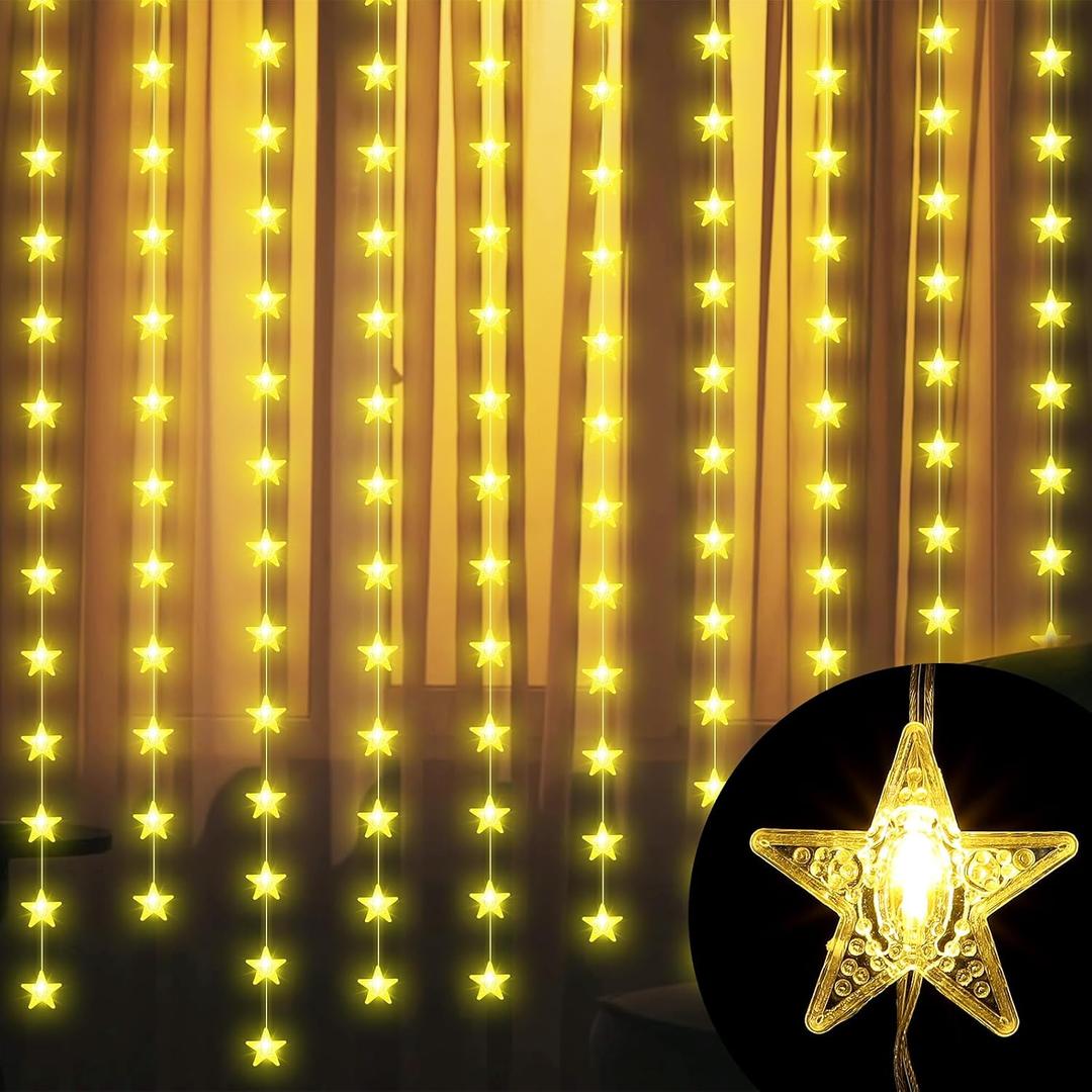 Glooglitter 160 LED Star Curtain Lights 118'' x 78.7'' Star String Lights for Bedroom Fairy Twinkle Hanging Decoration Light Warm White USB Powered for Indoor Outdoor Projection Screen Nursery Decor
