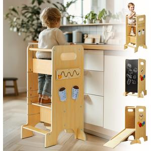 Toddler Tower 4 in 1 Toddler Kitchen Stool Helper Adjustable Standing Tower for Kitchen Counter with Safety Board, Slide, Chalkboard, Montessori Activities