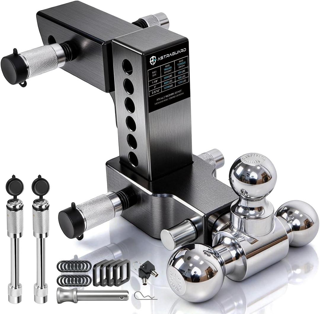 Adjustable Trailer Hitch Fit 2 Inch Receiver, Tri-Ball (1-7/8", 2", 2-5/16") Heavy Duty Aluminum Tow Hitches with 6 Inch Rise/Drop for Truck (12500 LBS GTW)-Weatherproof & Anti-Theft