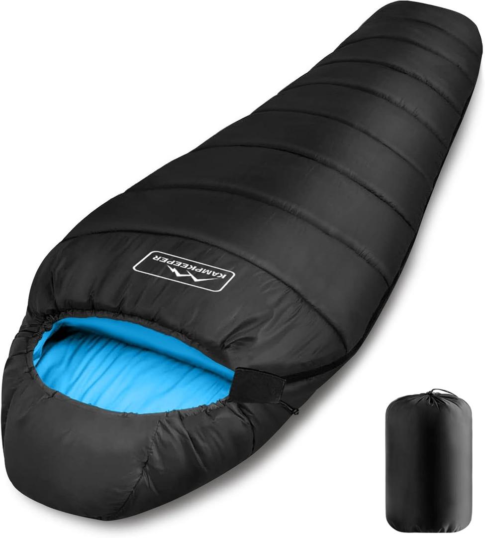 KAMPKEEPER Mummy Sleeping Bag, Cold Weather Camping Sleeping Bag, 32 3-4 Seasons Adults Sleeping Bag, Non-Snag Zipper with Adjustable Hood for Backpacking, Hiking (Blue)