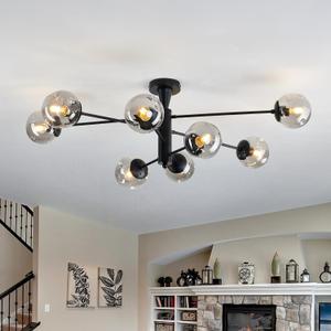 hesoge Modern Sputnik Ceiling Lights Black Semi Flush Mount Ceiling Fixture with Glass Globes 8 Light Large Chandelier for Dining Room Bedroom Living Room Kitchen Farmhouse.