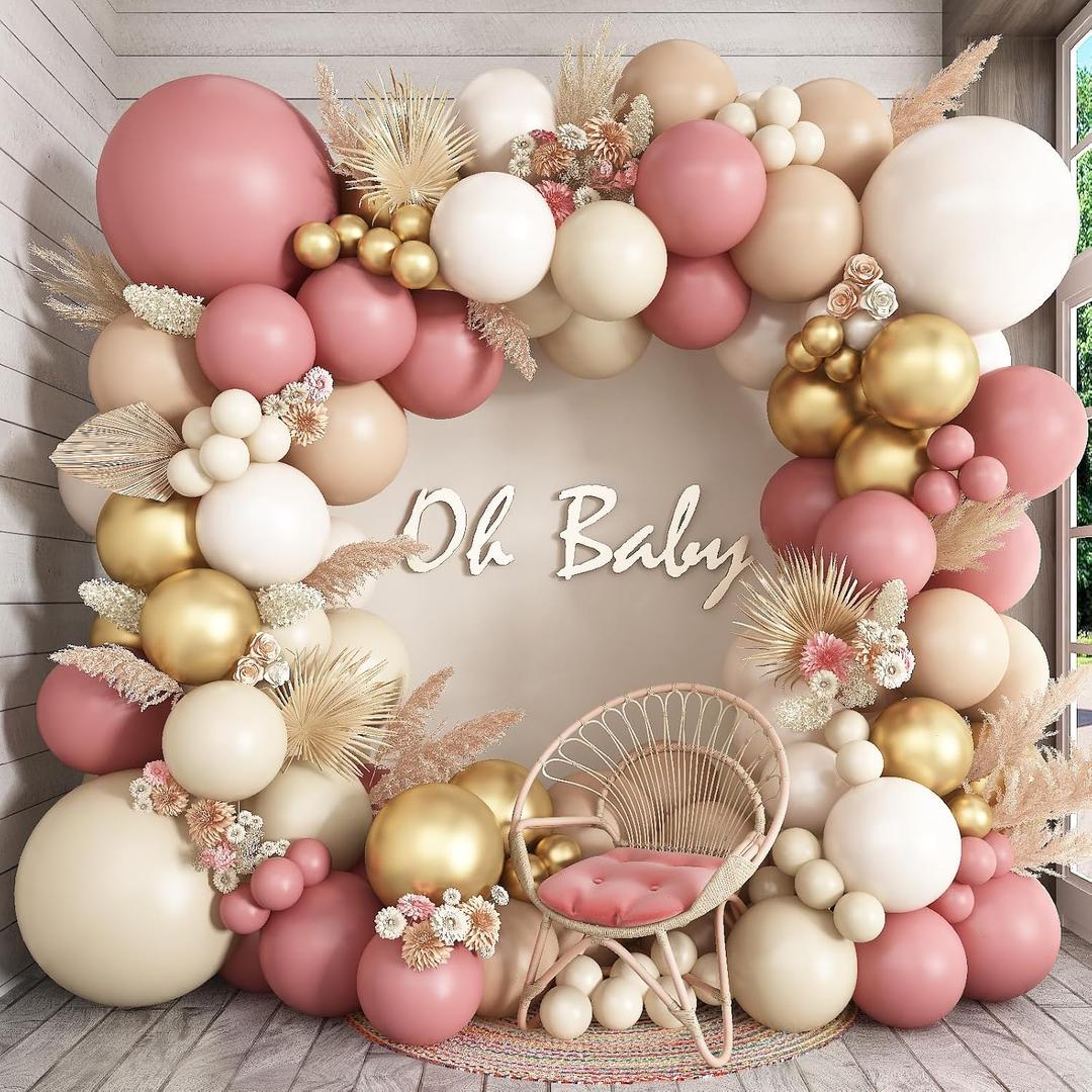Double Stuffed Dusty Pink Cream Balloon Arch Kit, Boho Neutral Balloon Garland Dusty Rose Mauve Blush White Sand Blush Brown Metallic Gold Balloons for Bridal Shower Wedding Birthday Party Decoration, 18/12/10/5 Inch