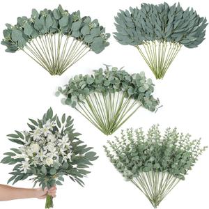 120 Pcs 4 Kinds Mixed Artificial Eucalyptus Leaves Stems Bulk Fake Silver Dollar Eucalyptus Bundle Faux Plants Greenery for DIY Bouquets Floral Arrangement Wedding Engagement Party Decor (Green)