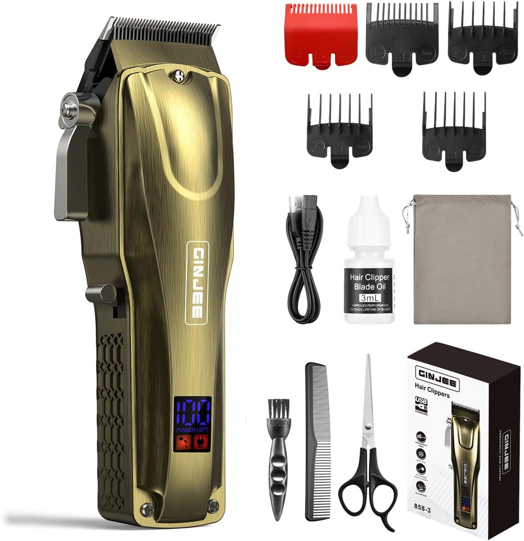 GinJee Hair Clippers for Men, Cordless & Corded Barber Clipper with 5Hrs Runtime, 7000RPM Rotary Motor & LED Display, Waterproof Professional Hair Cutting Kit for Men and Home Use (Gold)
