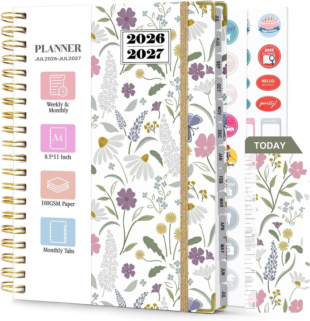 Planner 2026-2027, Weekly and Monthly Academic Planner, Jul 2026 - Jul 2027, 8.5"x11" Large Hardcover Daily Planner Calendar with Tabs for Women, Year Planning Agenda for Teacher and Student (Flowers-1)