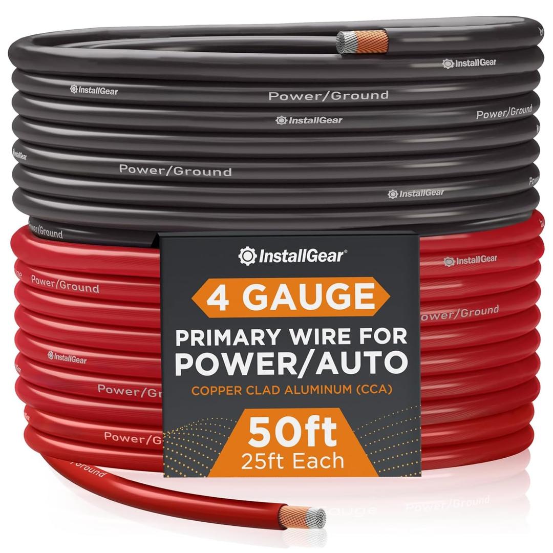InstallGear 4 Gauge Wire - 50 ft 4 AWG CCA Battery Cable - Car Audio, Amplifier Power, Ground Applications (Red + Black)