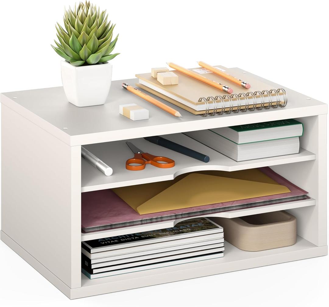 Ballucci File Organizer, 3-Tier Document Paper Sorter, Stackable Wood Desk Organizer, Mail Sorter and Monitor Stand with Storage Shelves, White