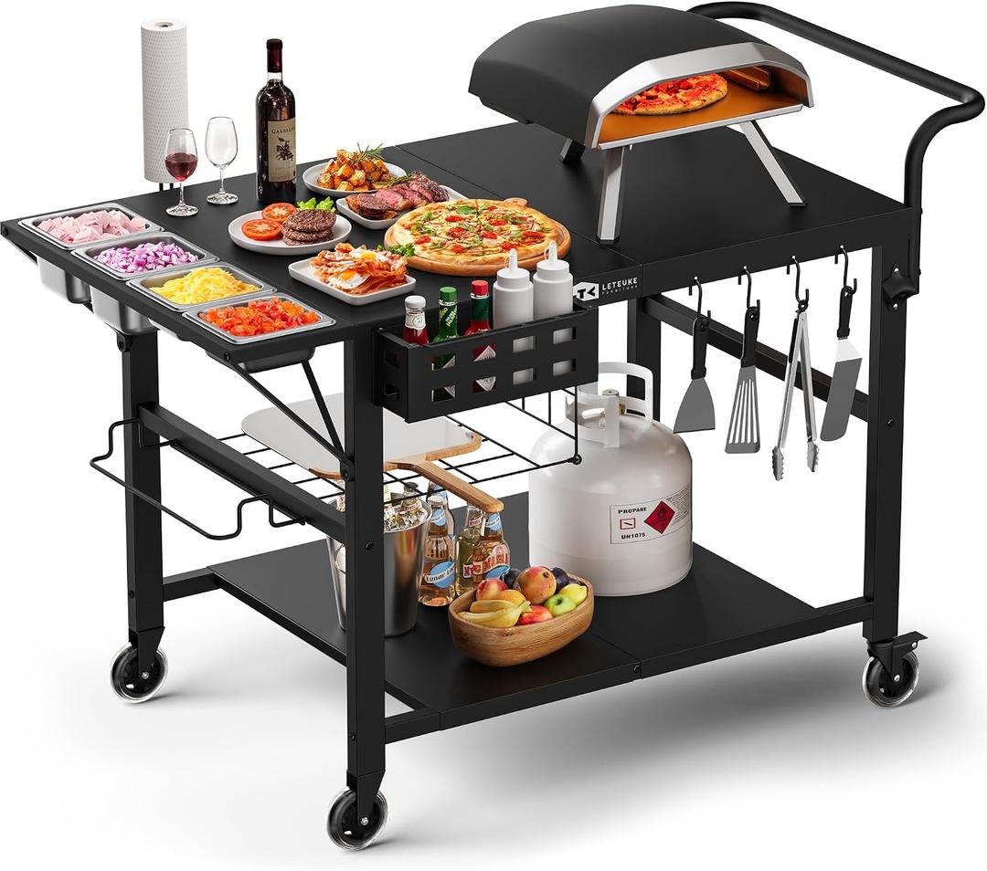 Leteuke Pizza Oven Table, Grill Cart Table for Blackstone Griddle, Outdoor Pizza Oven Stand Fits Ninja, Cuisinart, Gozney, Solo Stove, BBQ Prep Tables Station with Seasoning Tray, 47"x27.5"x30", 27.55" X 47.24" X 35.8"