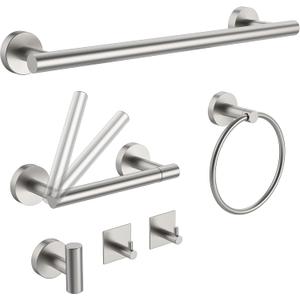 6 PCS Bathroom Hardware Set, Including 16" Hand Towel Bar, Toilet Paper Holder, Towel Ring, Robe Towel Hooks, Bathroom Accessories Kit (Brushed Stainless Steel)