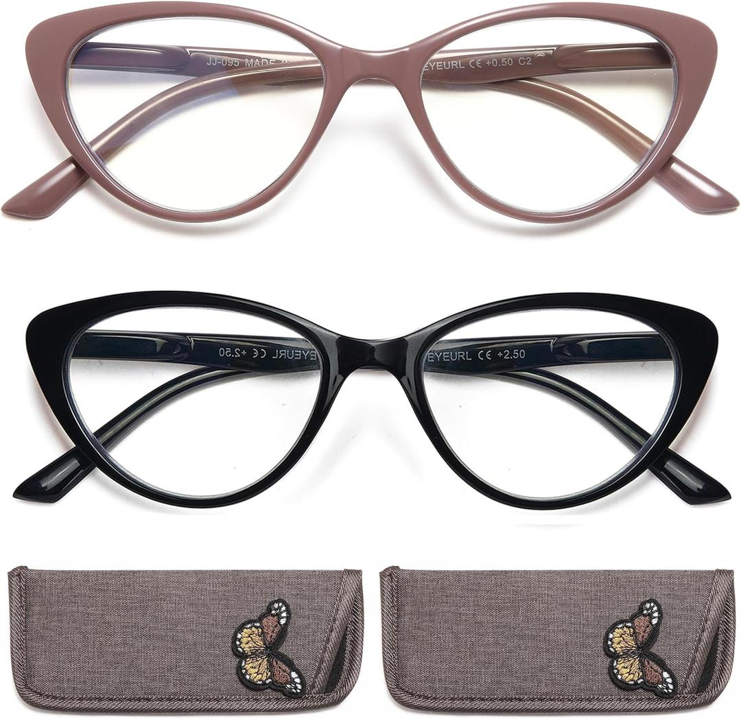 EYEURL Cat Eye Reading Glasses for Women - 2 Pack Blue Light Blocking Computer Readers 0.50 Spring Hinge Anti Glare/UV Ray Eyeglasses (Black+Brown)