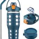 MUKOKO 32 oz Glass Tumbler with Straw,Glass Water Bottles with Time Marker,Iced Coffee Cup with 2 Lids-Handle Spout Lid&Straw Lid,Silicone Sleeve,Leakproof,1 Pack-Blue