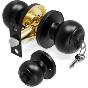 Door Knob with Lock and Key, Door Knobs Keyed Entry Door Knobs, Interior and Exterior Door Lock for Front Doors, Bedroom & Bathroom Round Door Knob Matte Black Finish, 1 Pack