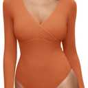 REORIA Womens Sexy Deep V Neck Bodysuit Cross Wrap Bodysuit Long Sleeve Double Lined Top Going Out Outfits (M)