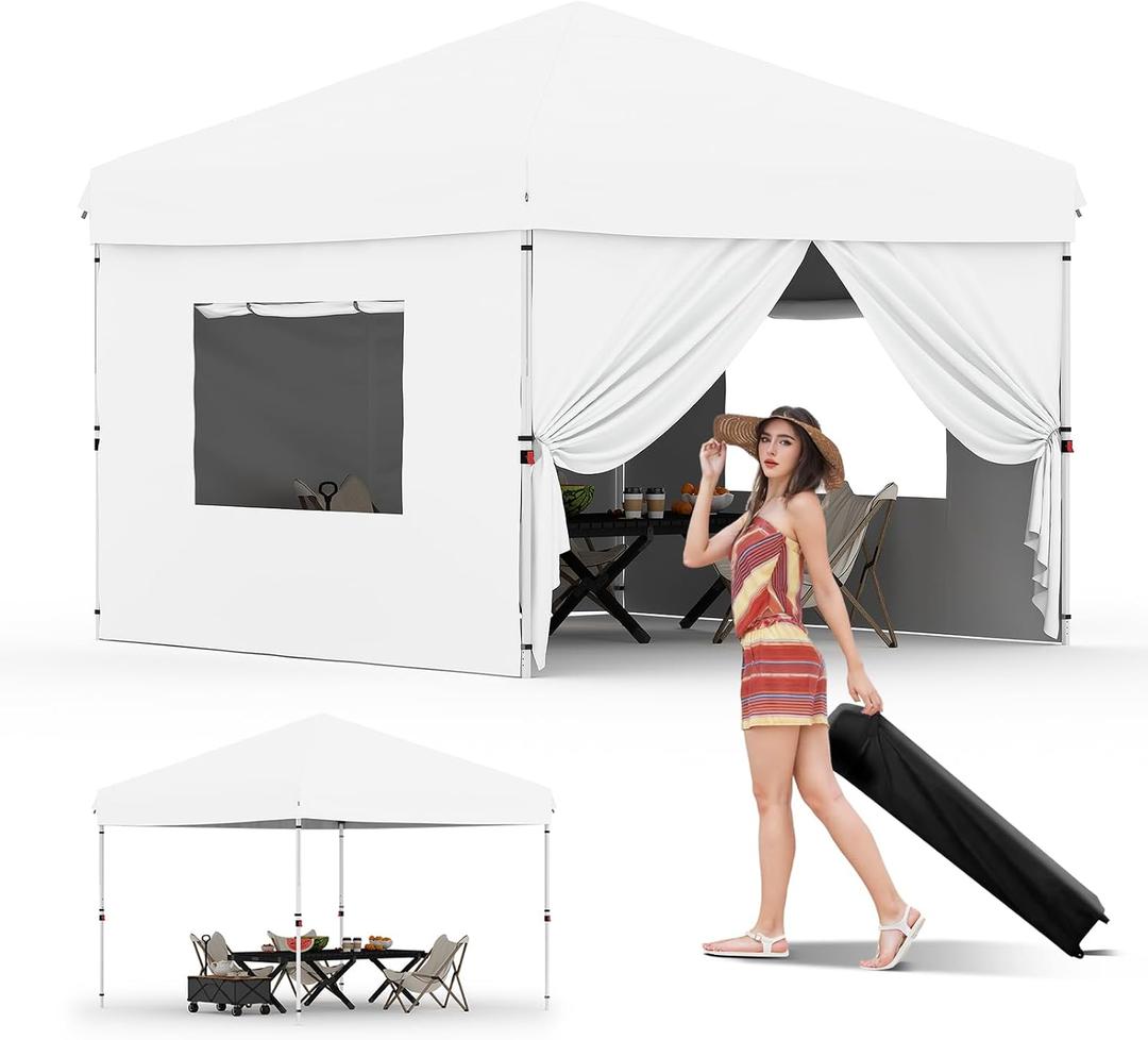 GarveeLife 10x10 Pop Up Canopy with 4Pcs Sidewalls Outdoor Canopy, White