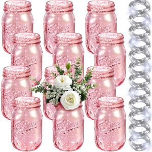 Tioncy 12 Pcs Painted Mason Jars for Table Glass Decorative Jars with 12 Light Strings for DIY, Wedding, Graduation, Bridal Shower, Housewarming, Home Decoration (Pink)
