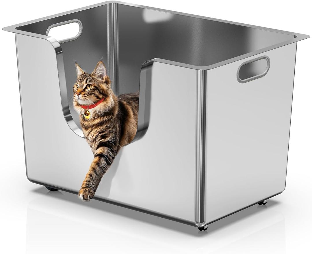 Enclosed Stainless Steel Cat Litter Box 13.8 High Sides, Extra Large Litter Box for Big Cats, XL Metal Kitty Litter Pan Pet Toilet with Wheels for Easy Mobility, Anti-Leakage, Non-Sticky, Easy Clean