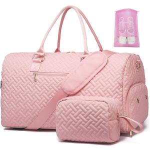 Duffle Bag for Travel, Weekender Bag with Shoe Compartment, Carry On Overnight Bag for Women with Toiletry Bag, Gym Bag with Wet Pocket, Hospital Bags for Labor and Delivery Beige (Pink)