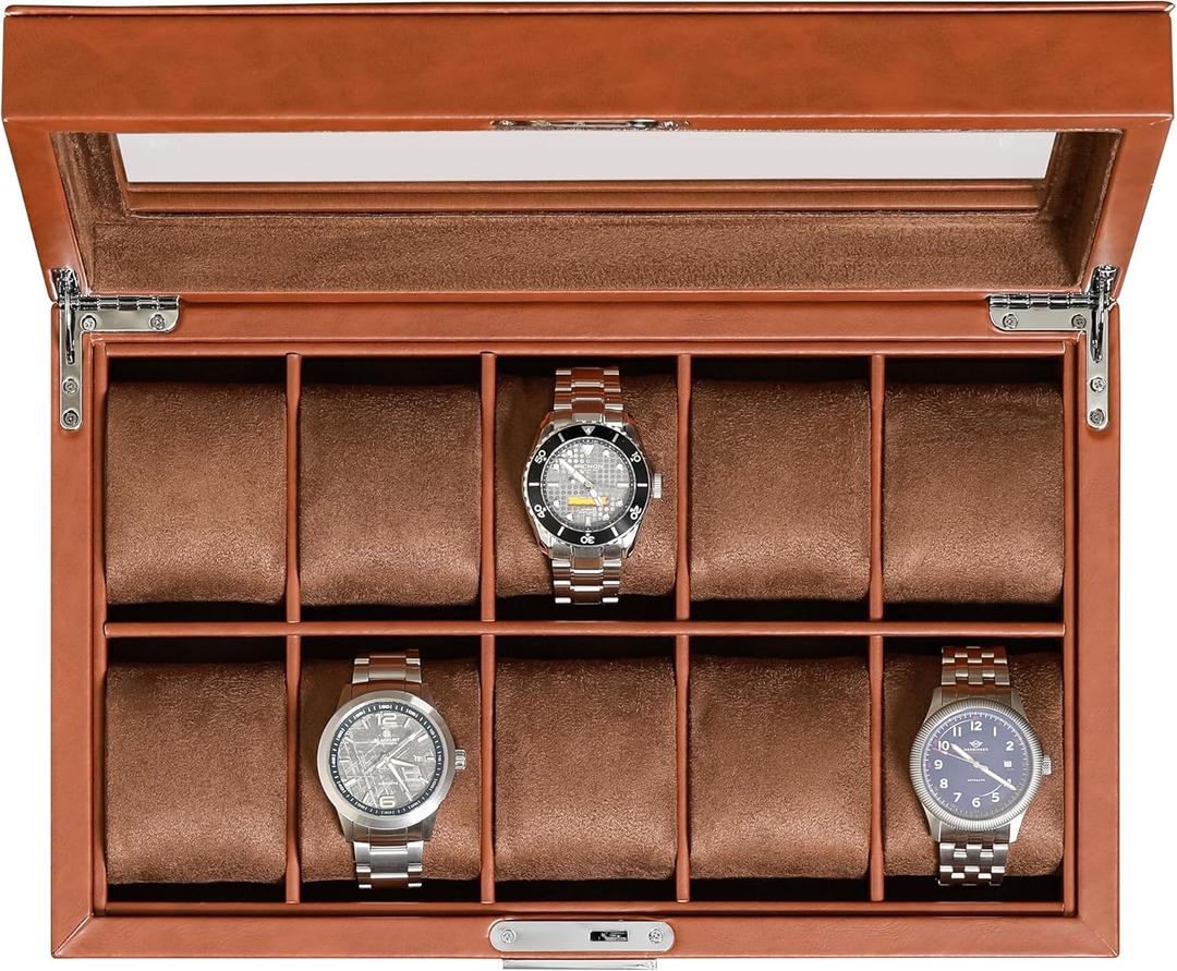 ROTHWELL 10 Slot Leather Watch Box - Luxury Case Display Jewelry Organizer - Locking Watch Display Case Holder with Large Glass Top - Box Organizer for Men and Women (Tan/Brown)