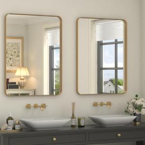 2 Pack of 22x30 Gold Bathroom Mirror, Rounded Rectangle Gold Frame Mirror, Brushed Gold Brass Bathroom Vanity Mirror Wall-Mounted, Anti-Rust, Hangs Horizontally or Vertically