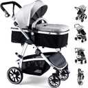 Baby Stroller, 2-in-1 Reversible Toddler Seat with Basket Mode, Foldable Infant Stroller with Canopy, One Button Brake, Adjustable Handle, Newborn Pushchair (Gray) (Grey)